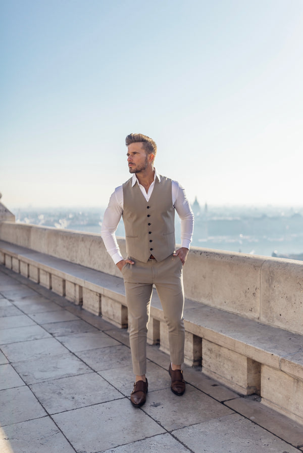 Father Sons Slim Formal Waistcoat Plain Beige - FSW003