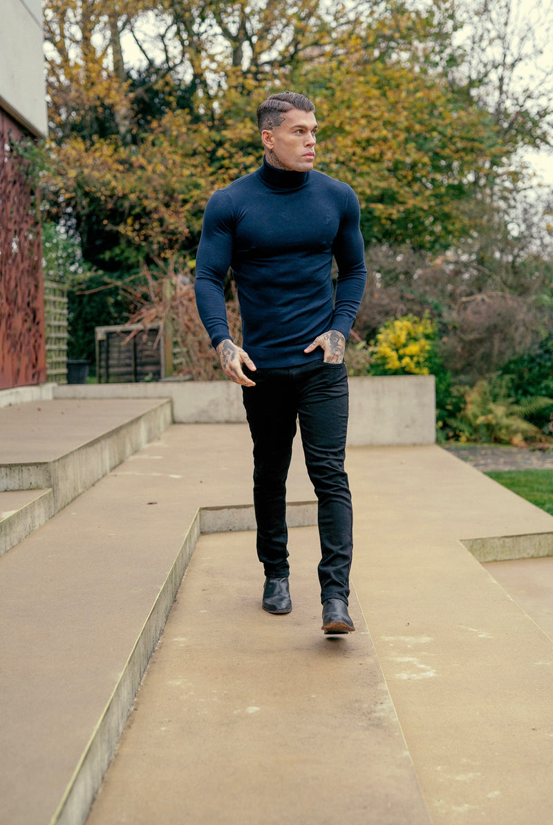 Father Sons Classic Navy Roll Neck Merino Wool Knitted Sweater With FS Embroidery - FSN011