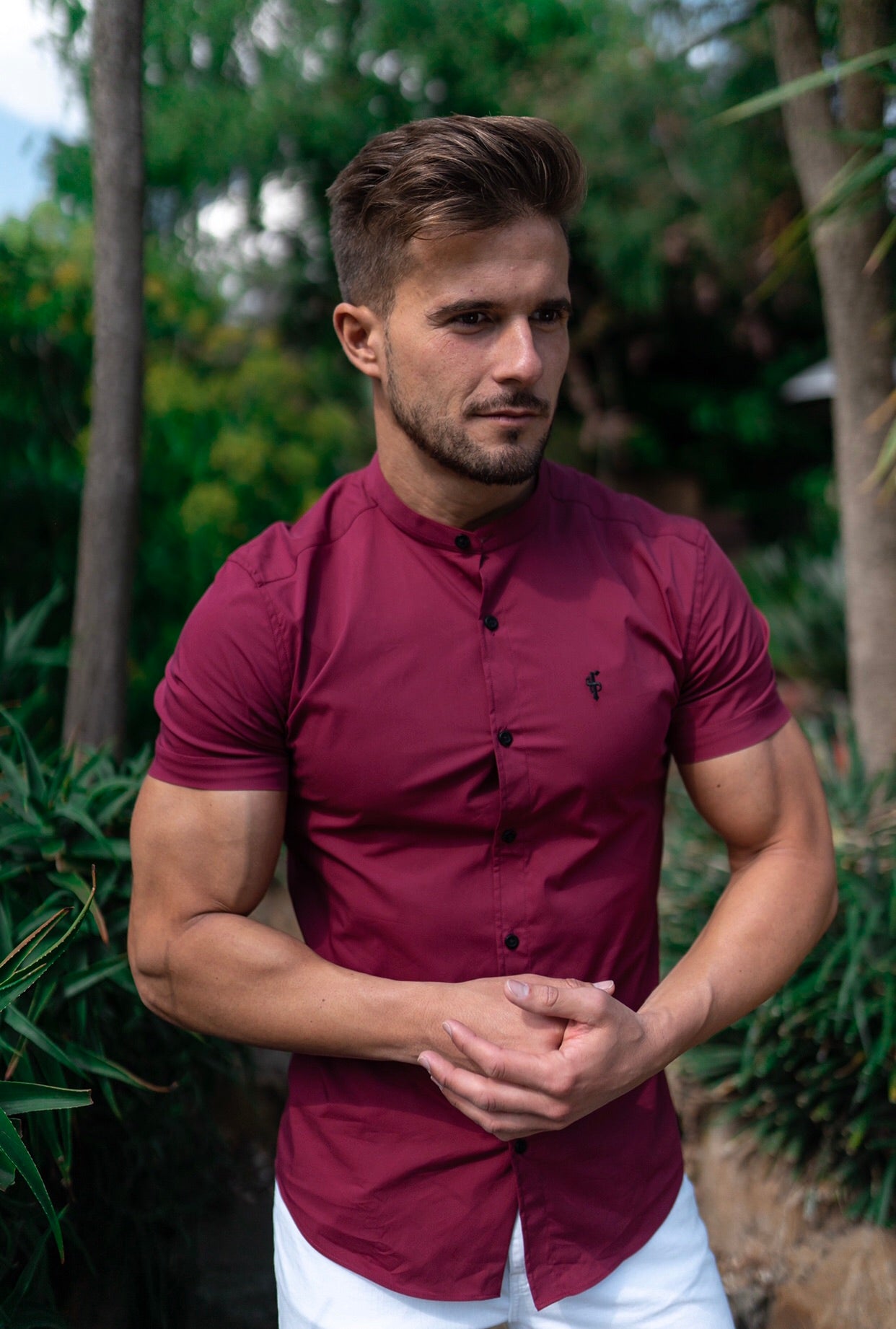 Super Slim Stretch Classic Oxblood Grandad Collar Short Sleeve - FS292