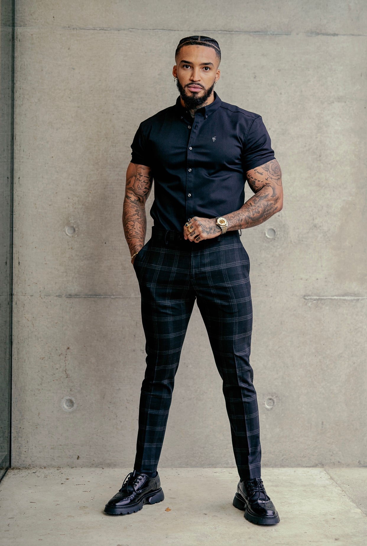 Father Sons Slim Formal Large Charcoal Check Stretch Pants - FST007