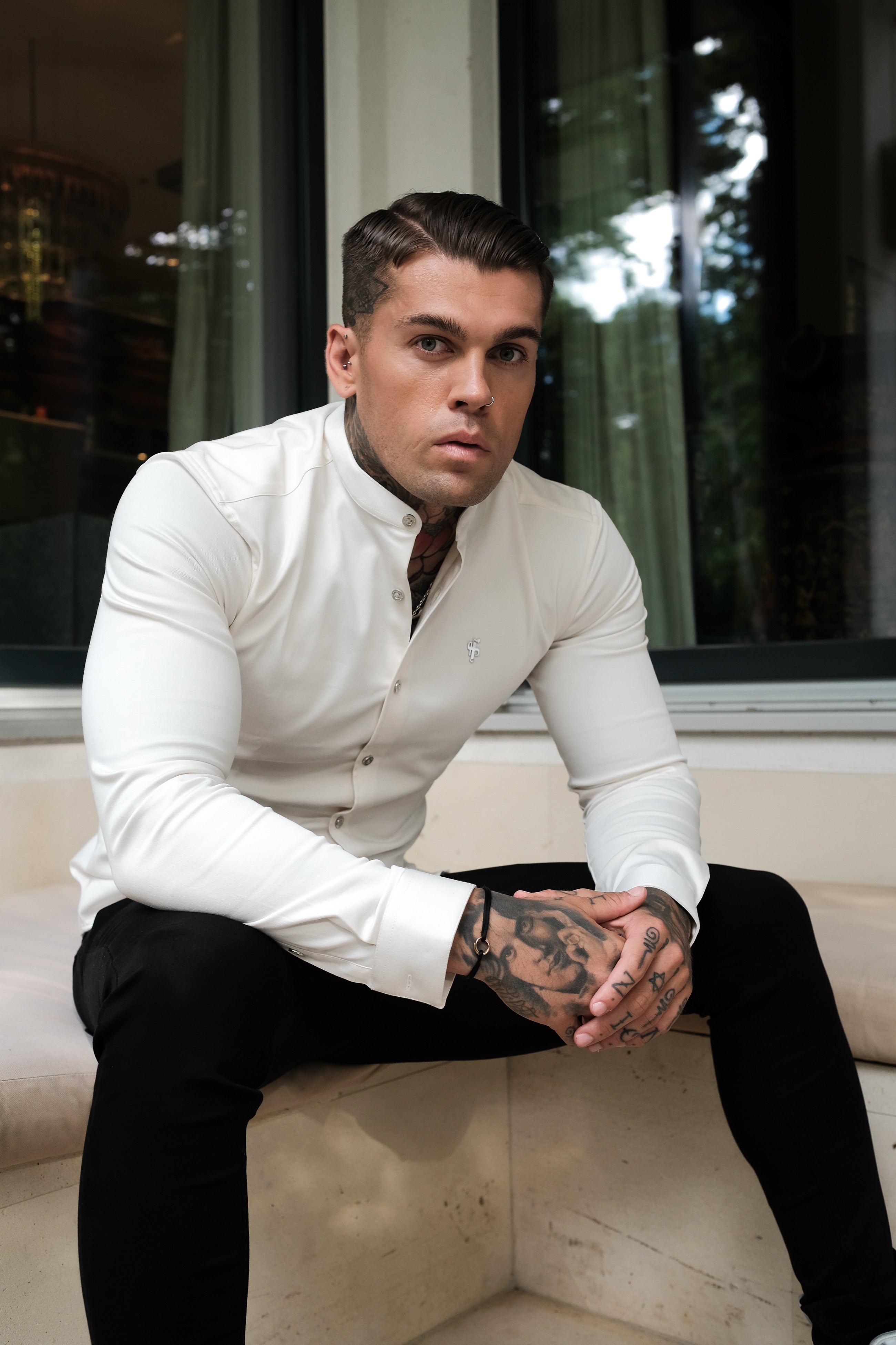 Super Slim Stretch Cream Denim Long Sleeve Grandad collar with Metal Buttons and Decal Emblem - FS725