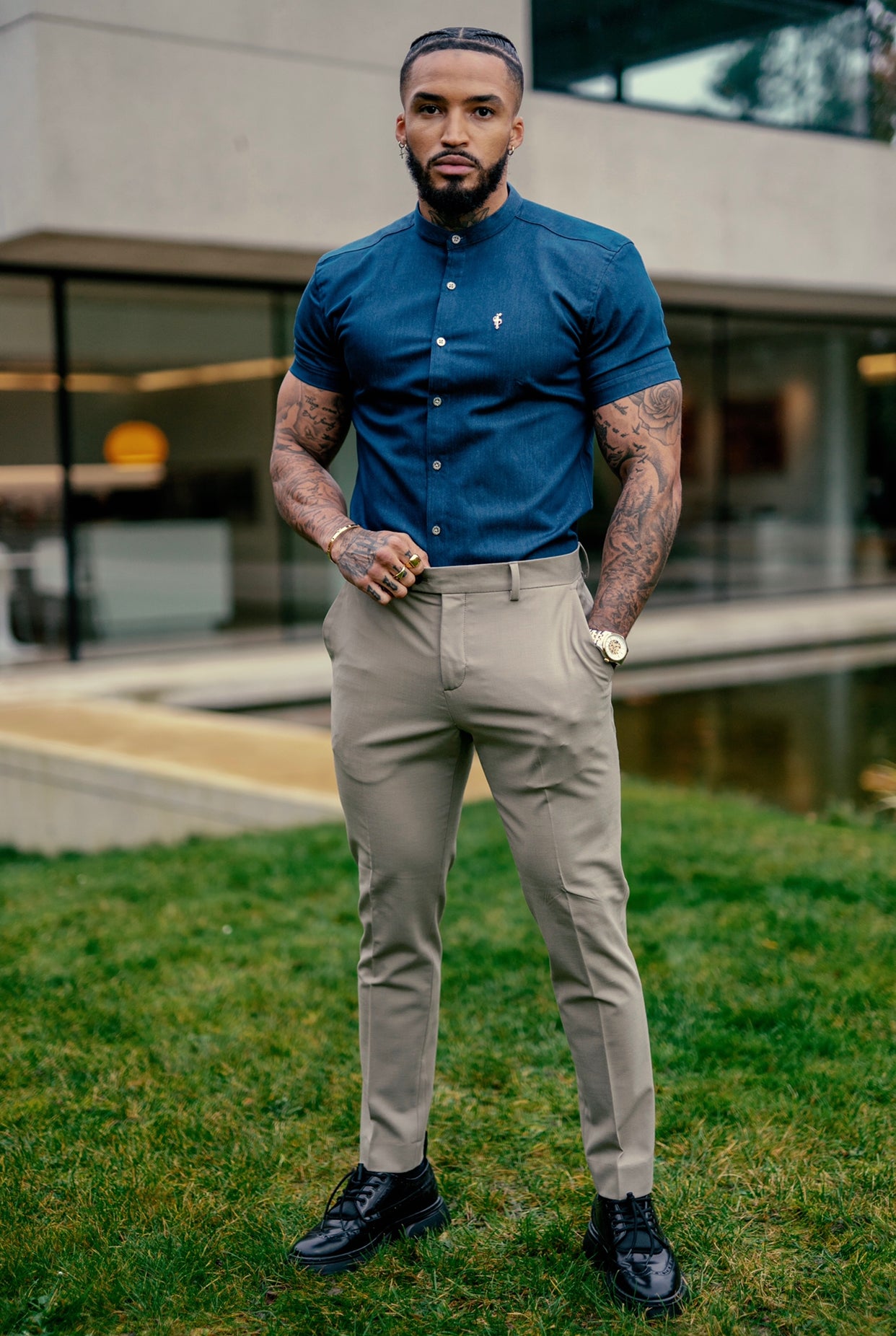 Super Slim Stretch Aegean Blue Denim Short Sleeve Grandad Collar with Metal Buttons and Decal Emblem - FS776