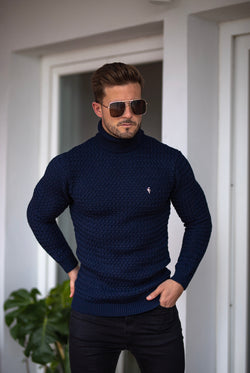 Father Sons Navy Knitted Roll Neck Weave Super Slim Sweater With Metal Decal - FSJ025