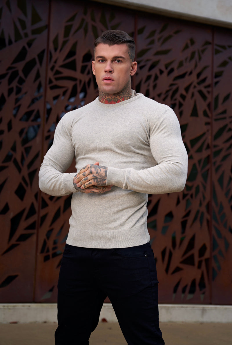 Father Sons Classic Light Grey Marl Crew Neck Knitted Sweater with Tonal Emblem - FSH674