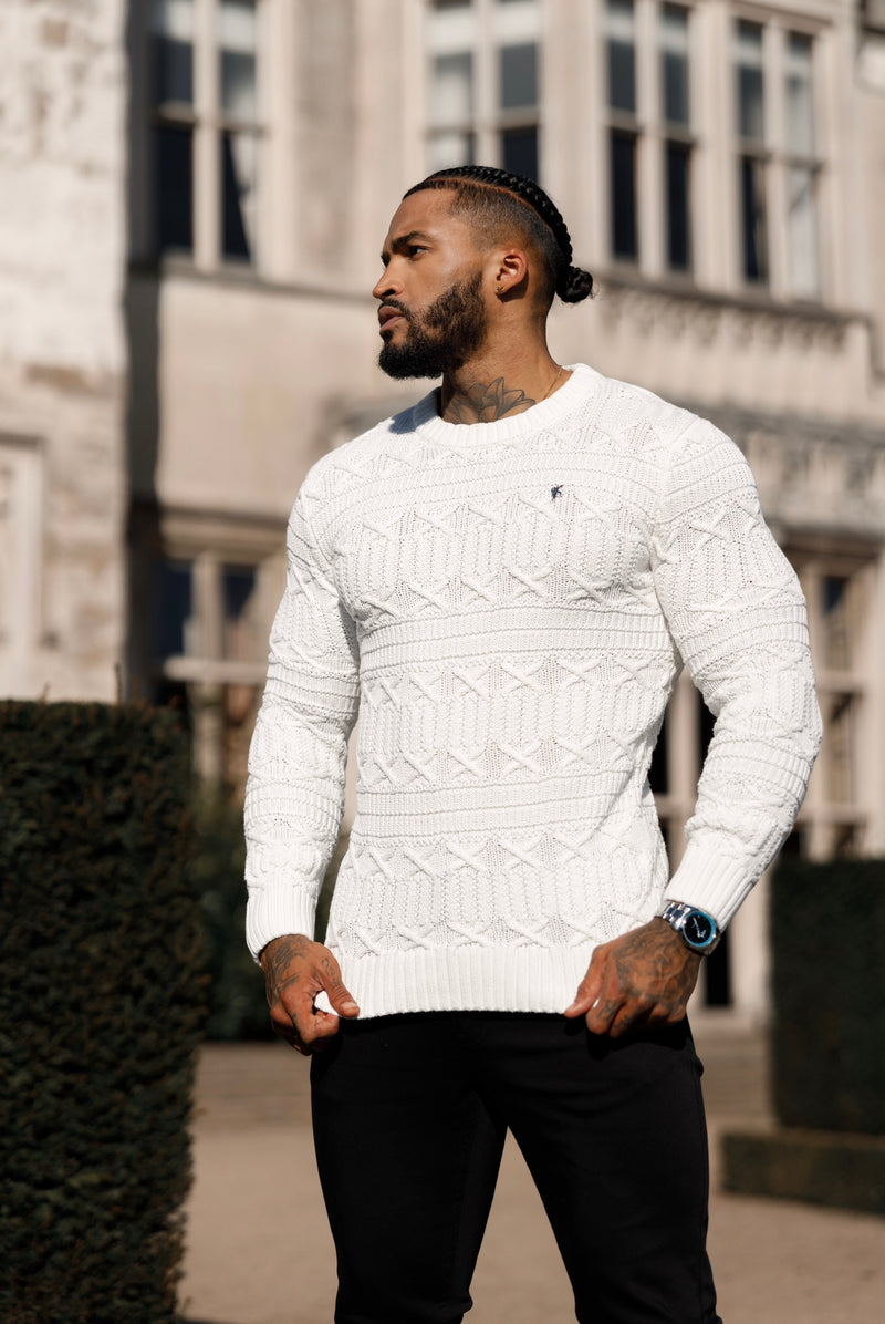 Father Sons Off White Knitted Cable Link Crew Super Slim Sweater With Metal Decal - FSN070