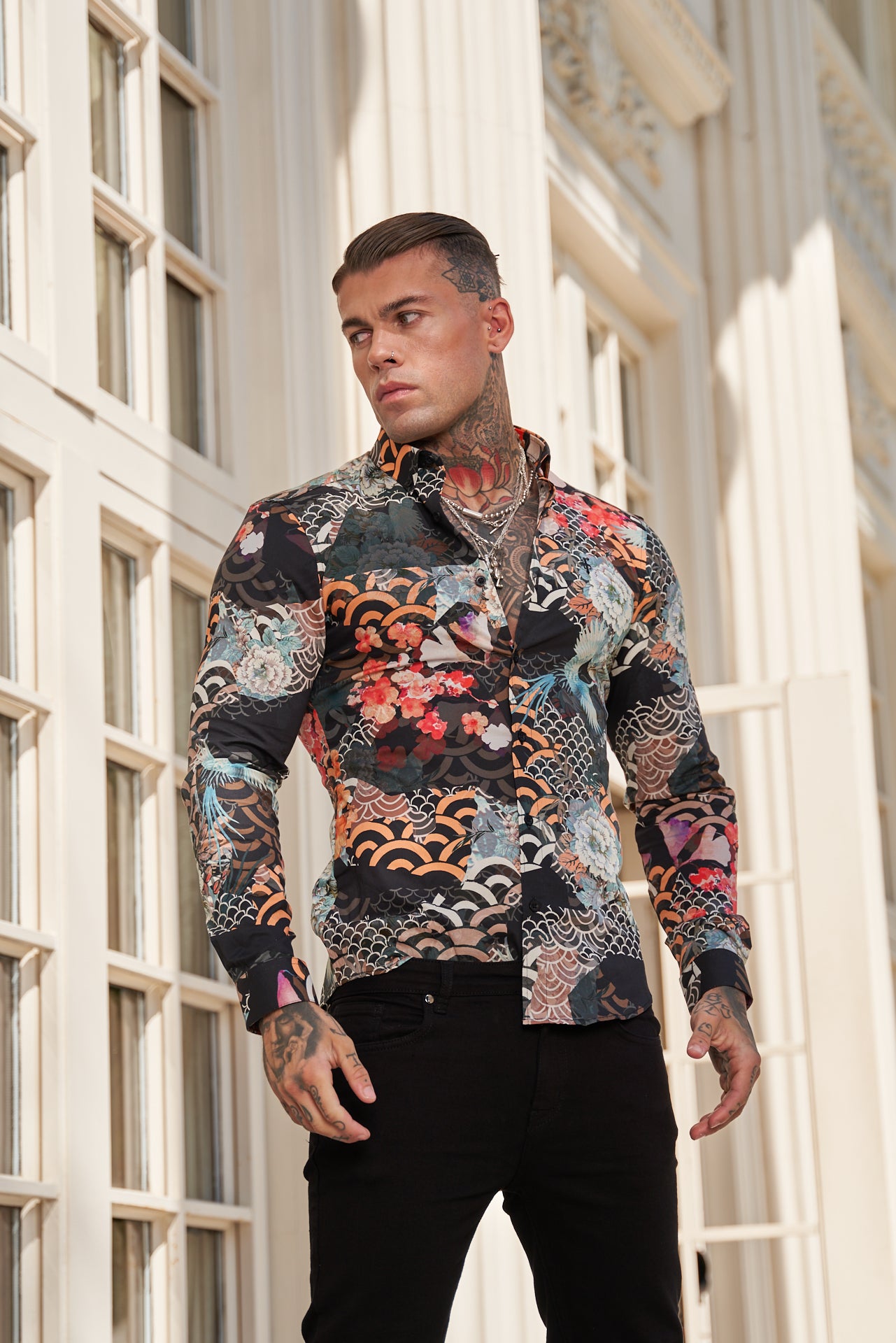 Super Slim Stretch Multi Oriental Print Long Sleeve with Button Down Collar - FS771