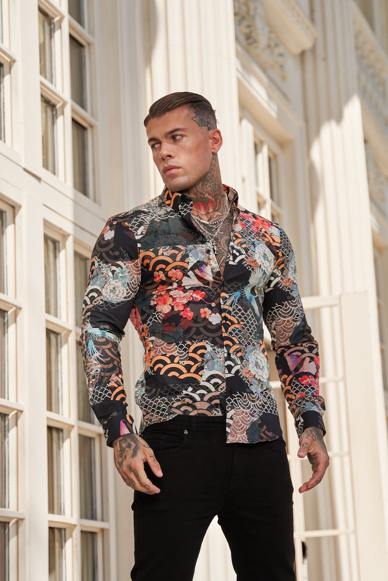 Father Sons Super Slim Stretch Multi Oriental Print Long Sleeve with Button Down Collar - FS771