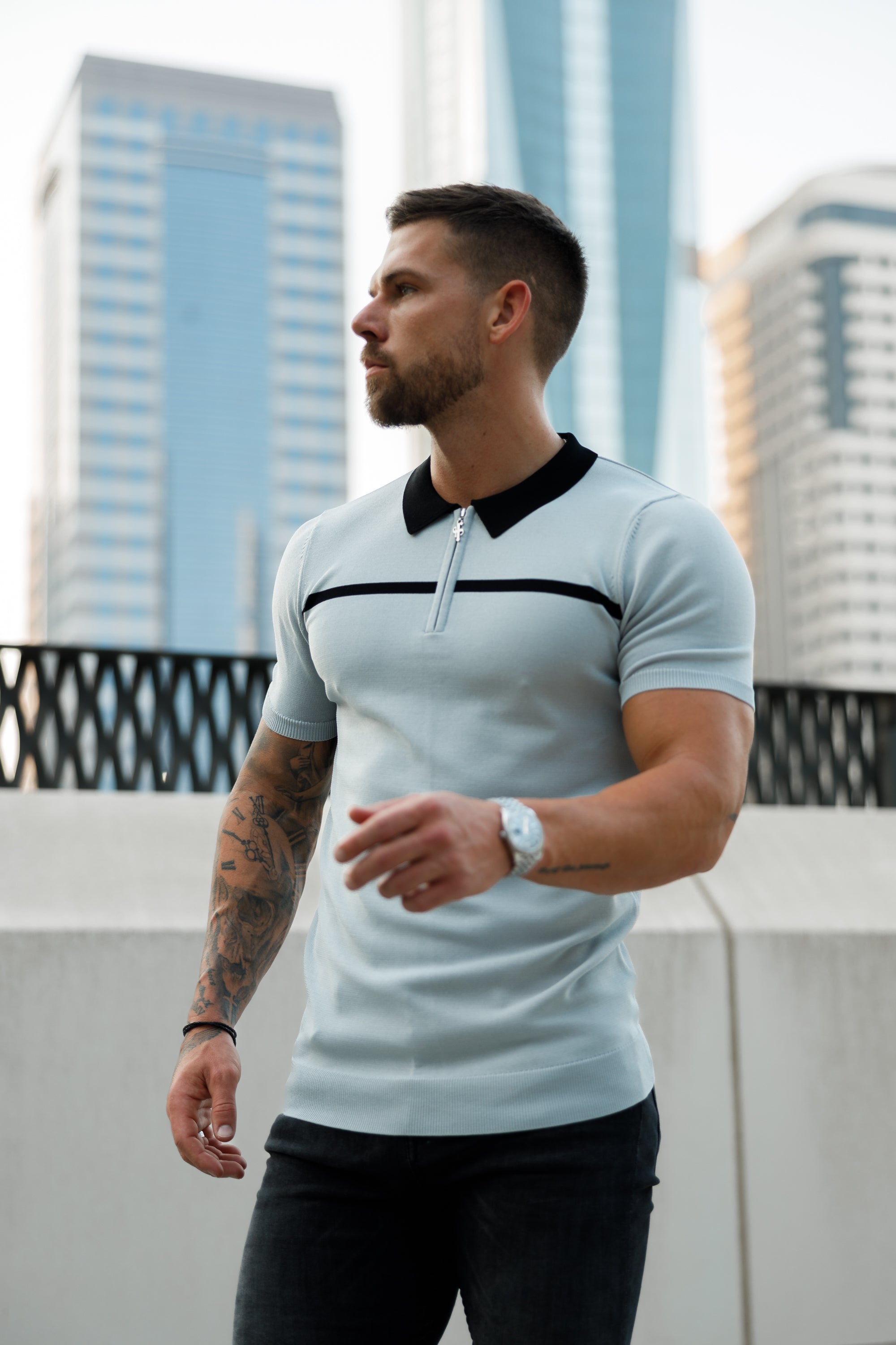Classic Silver Grey / Black Horizontal Stripe Zipped Polo Short Sleeve - FSN040