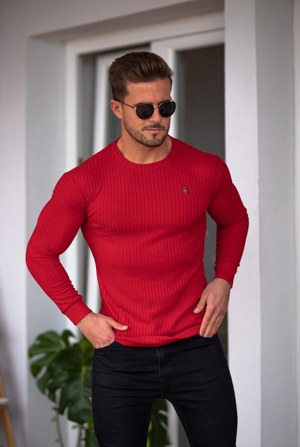 Father Sons Classic Red Ribbed Knit Sweater With Black Metal Emblem - FSH613