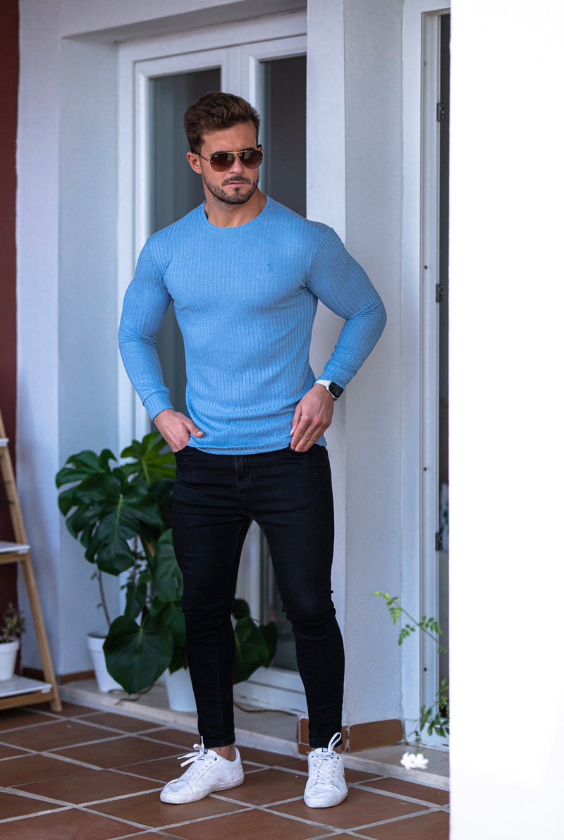 Father Sons Classic Baby Blue Ribbed Knit Sweater - FSH594