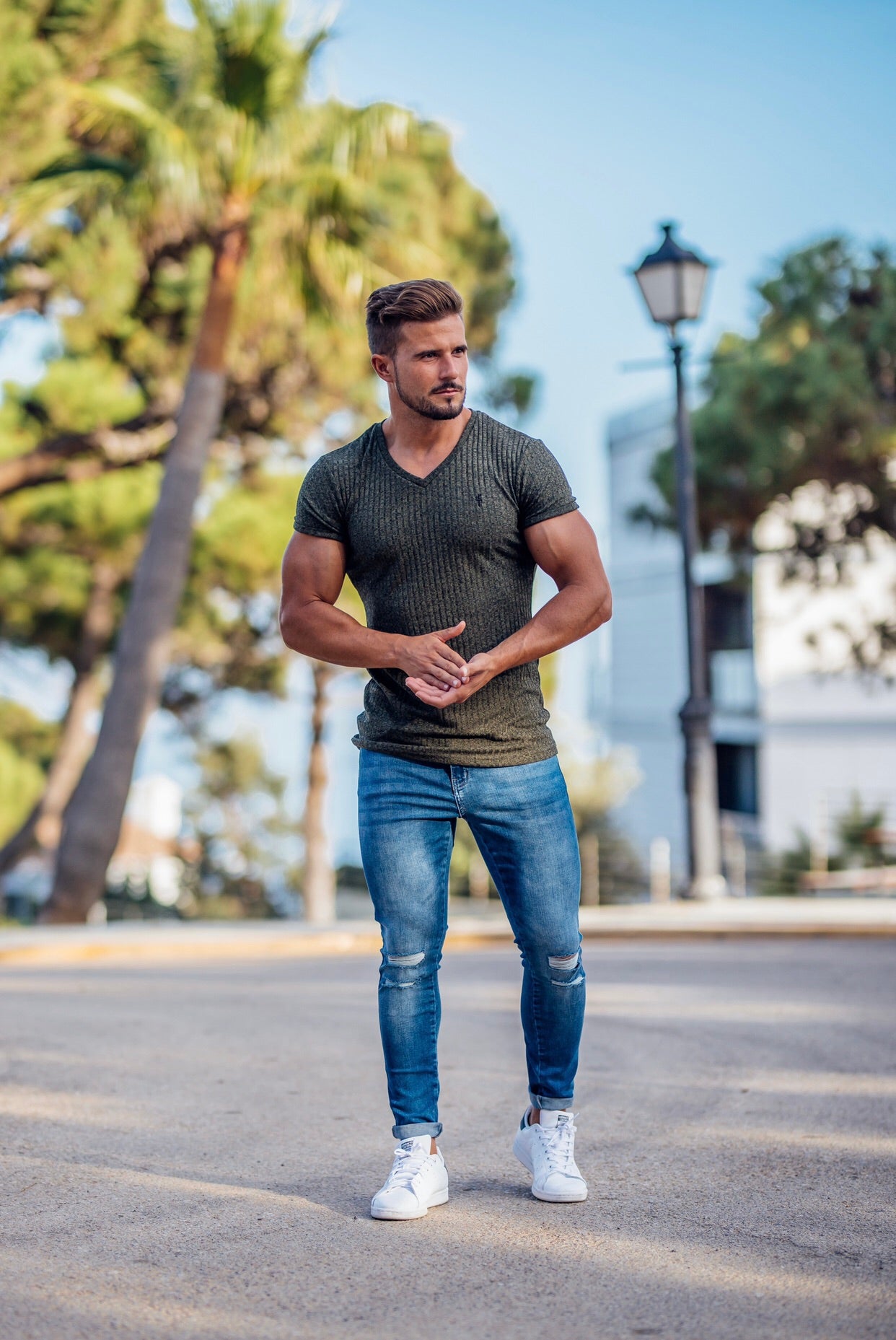 Classic Khaki V Neck Ribbed Crew - FSH390