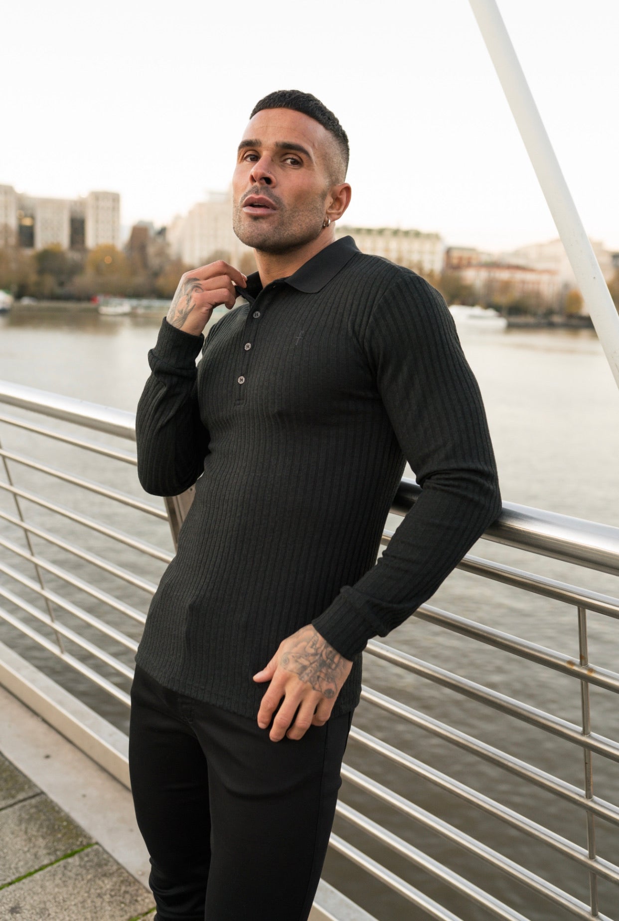 Super Slim Black Ribbed Polo Shirt Long Sleeve - FSH582