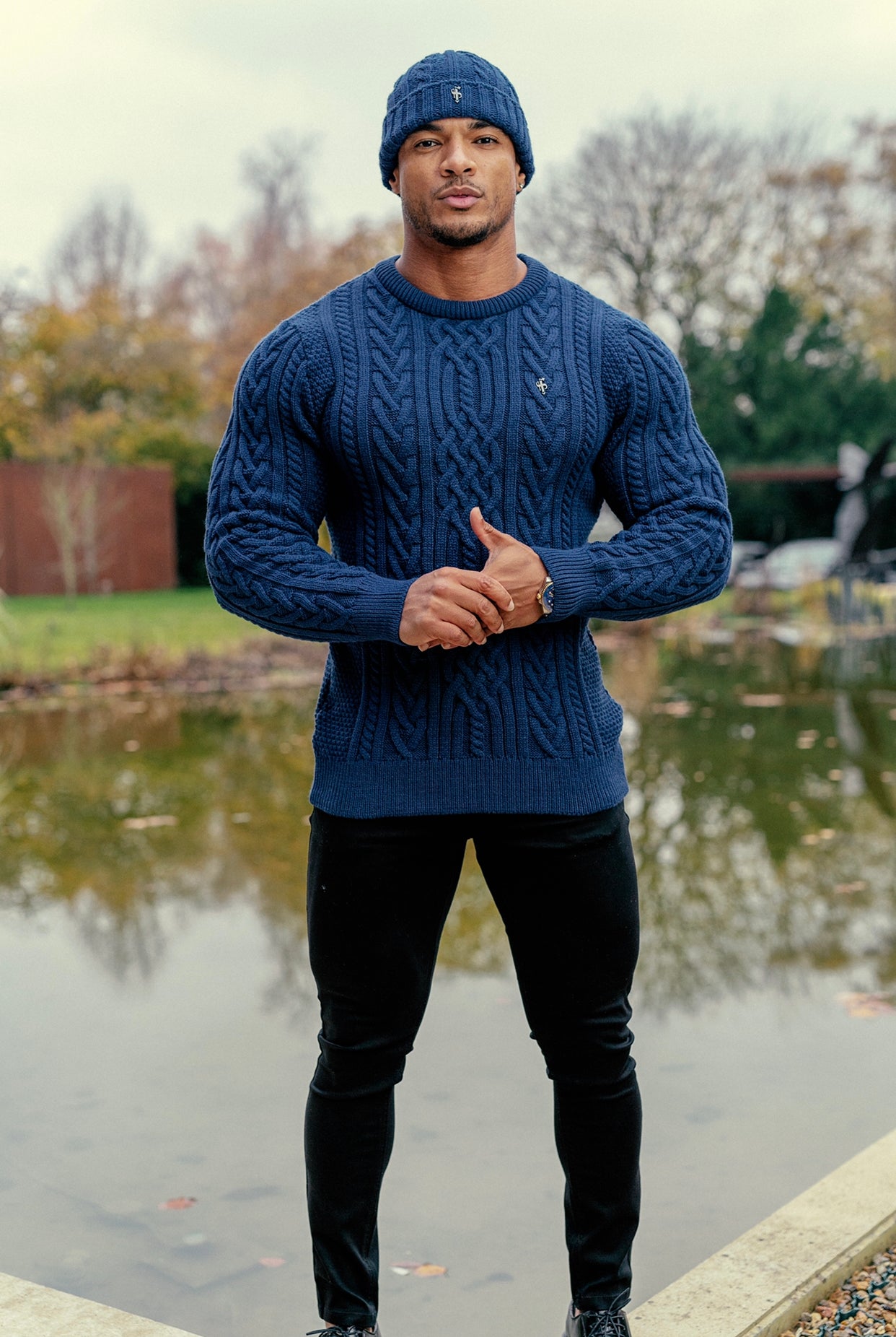Father Sons Royal Blue Twisted Braid Weave Super Slim Sweater With Gunmetal Decal - FSJ042