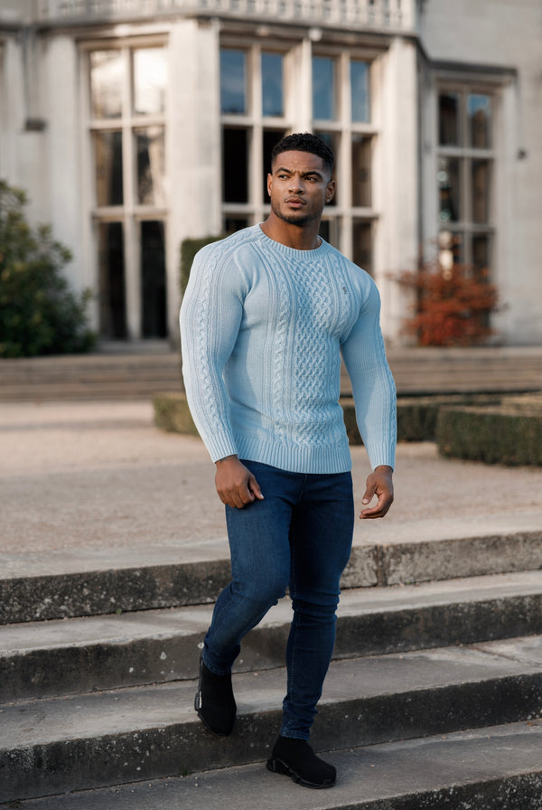 Father Sons Sky Blue Knitted Cable Saddle Crew Super Slim Sweater With Metal Decal - FSN081