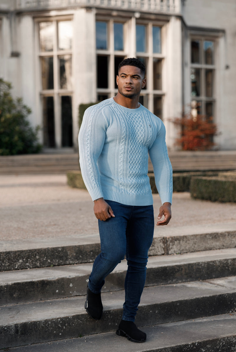 Father Sons Sky Blue Knitted Cable Saddle Crew Super Slim Sweater With Metal Decal - FSN081