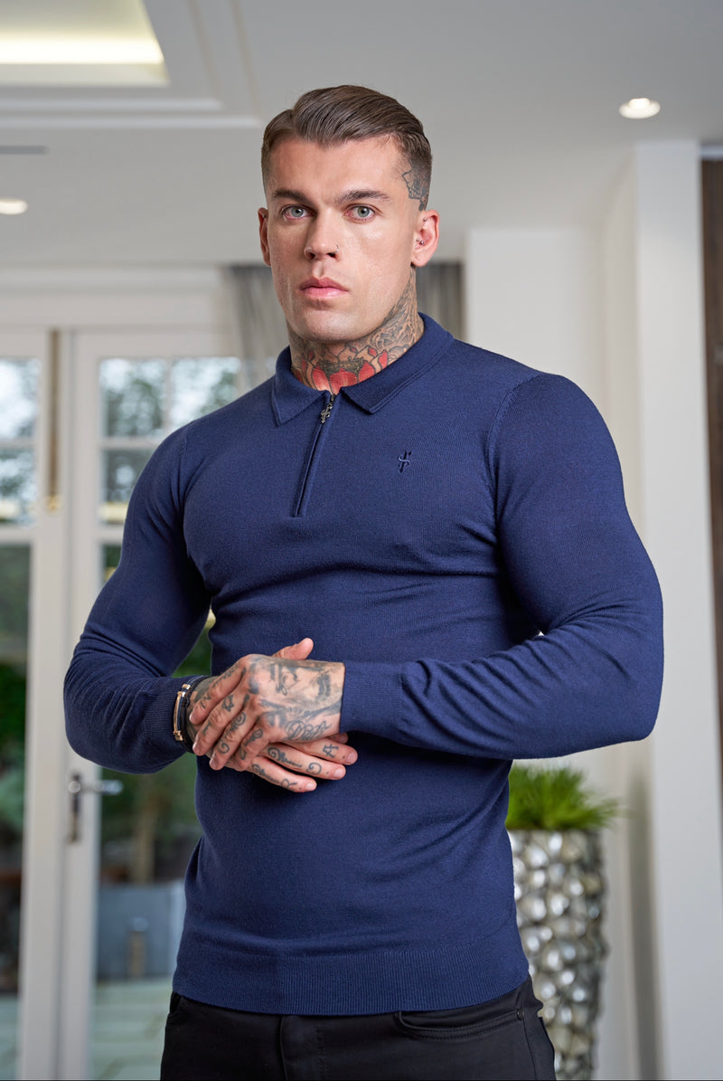 Father Sons Classic Navy Merino Wool Knitted Zip Polo Long Sleeve Sweater With FS Embroidery- FSN007