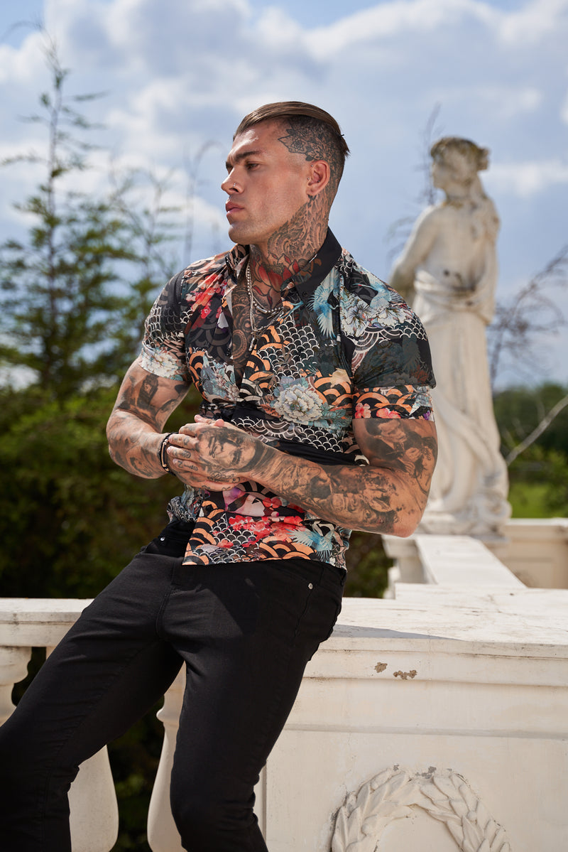 Father Sons Super Slim Stretch Multi Oriental Print Short Sleeve with Button Down Collar - FS766