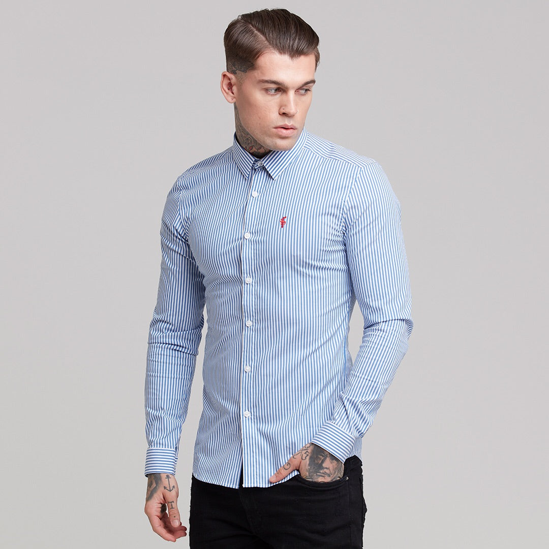 Super Slim Stretch White & Navy Stripe (Red Emblem)  -  FS513