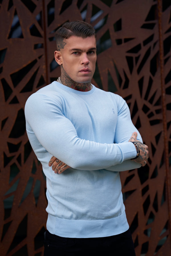 Father Sons Classic Sky Blue Light Weight Knitted Crew Neck Sweater with Blue Embroidery - FSN091