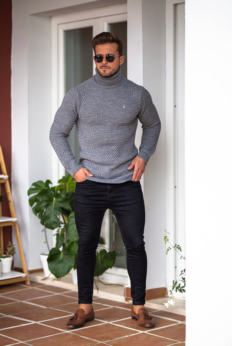 Father Sons Charcoal Knitted Roll Neck Weave Super Slim Sweater With Metal Decal - FSJ027
