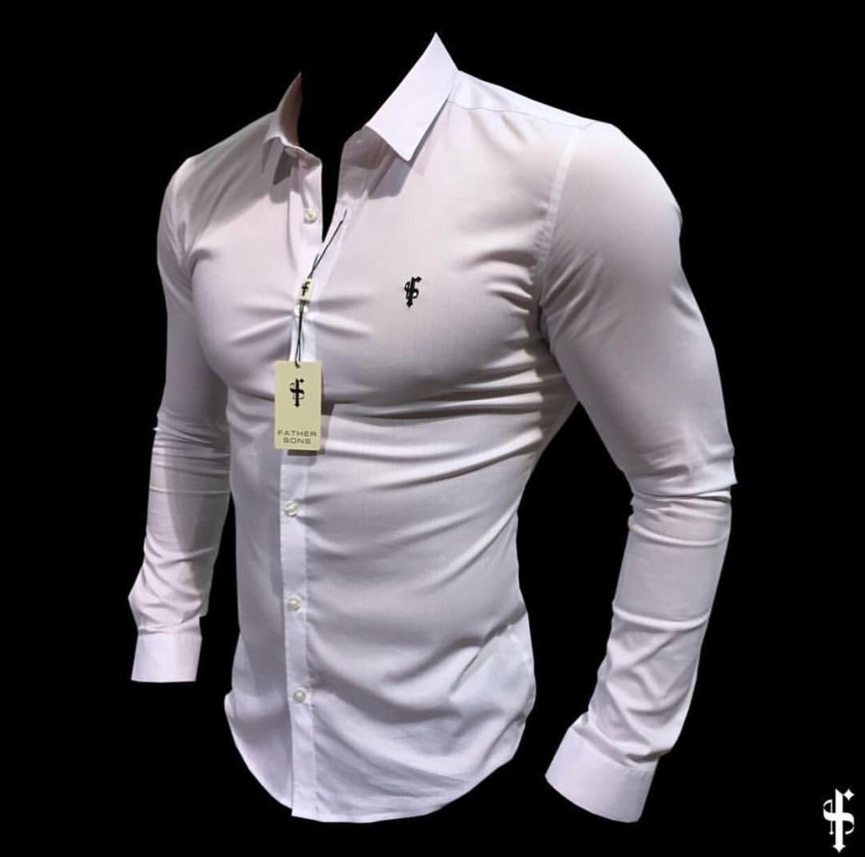 Super Slim Stretch Classic White Shirt (Black Embroidery) - FS516