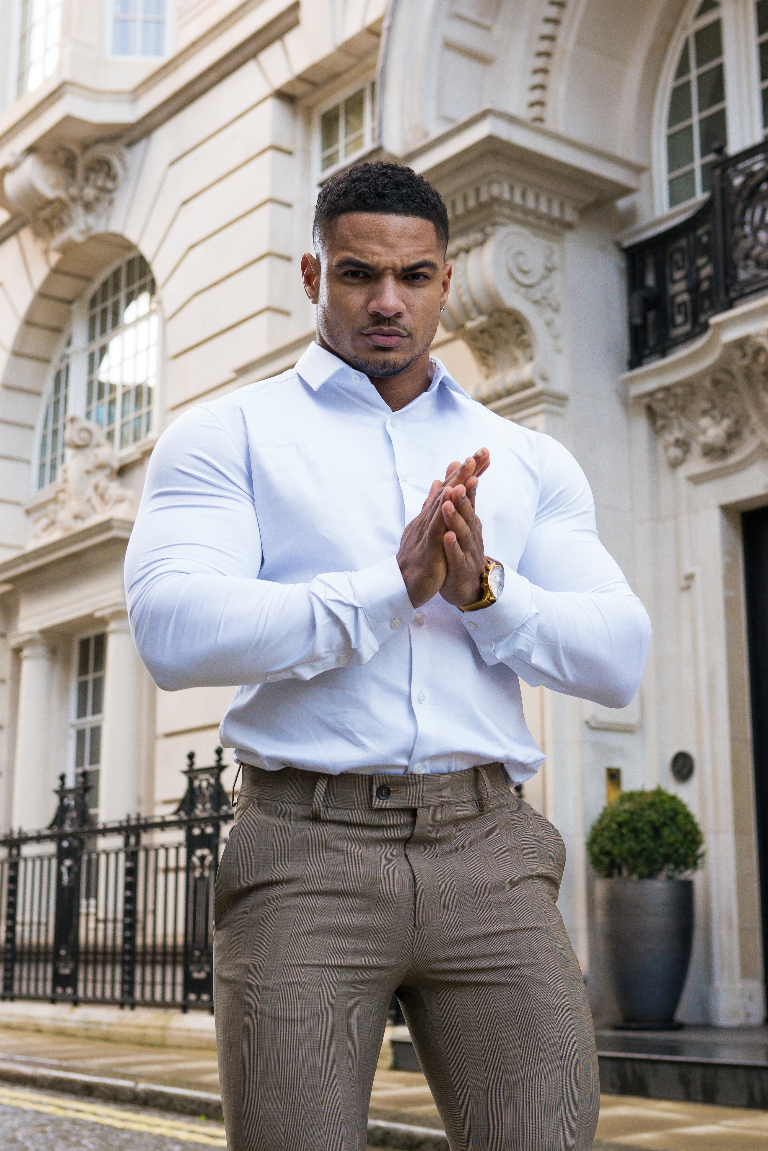 Slim Formal Beige & Black Check Stretch Trousers - FST002 (LAST CHANCE)