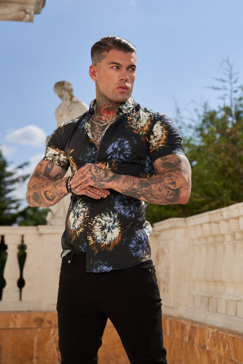 Father Sons Super Slim Stretch Black Base Blurred Flower Print Short Sleeve with Button Down Collar - FS801