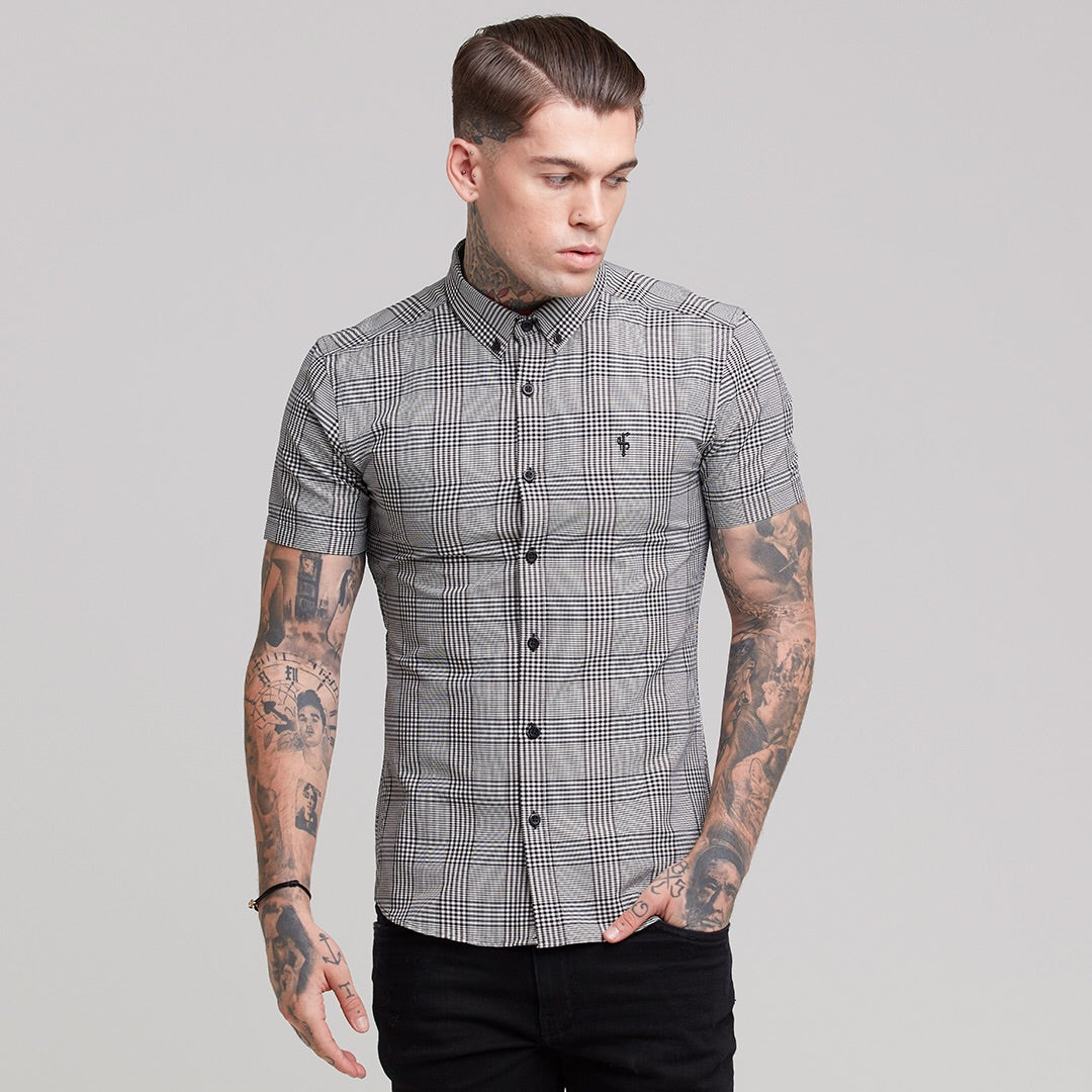Super Slim Stretch Prince Of Wales White and Black Check Short Sleeve - FS460