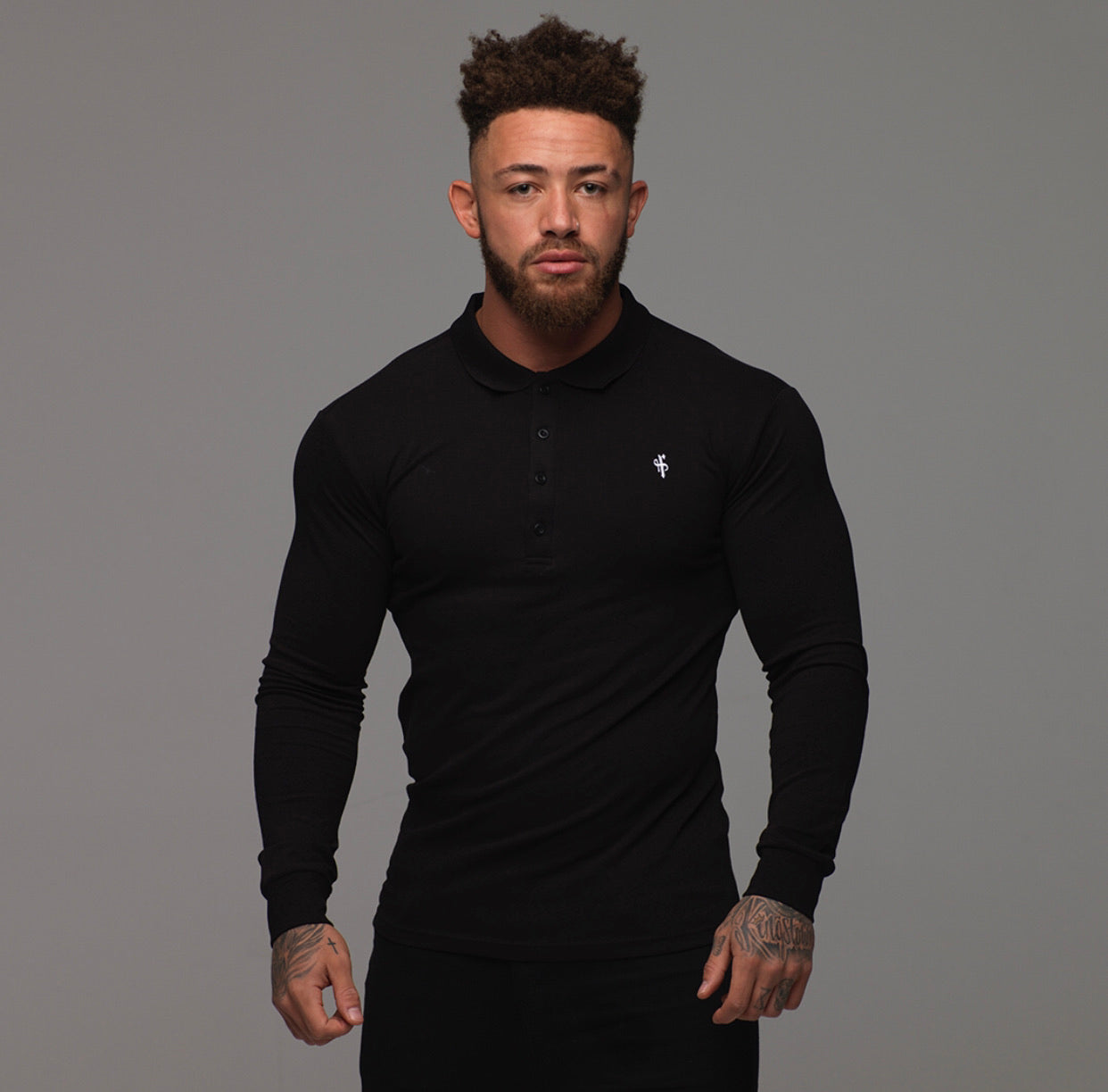 Classic Black Polo Long Sleeve Shirt (White Emblem) - FSH033