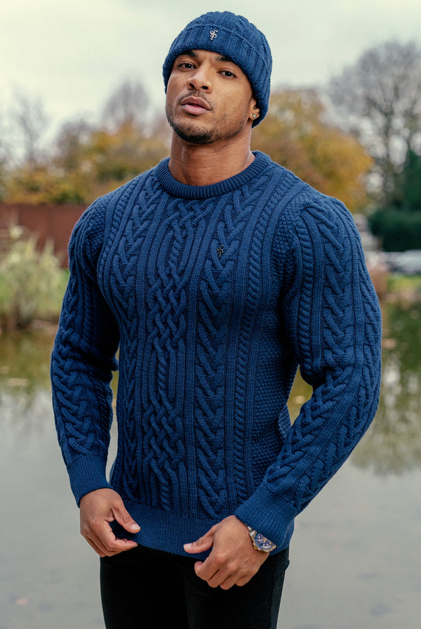 Father Sons Royal Blue Twisted Braid Weave Super Slim Sweater With Gunmetal Decal - FSJ042