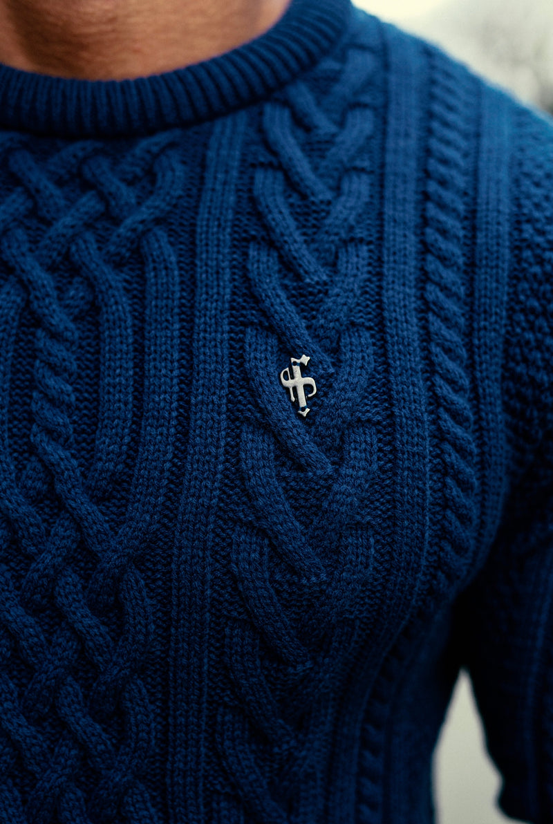Father Sons Royal Blue Twisted Braid Weave Super Slim Sweater With Gunmetal Decal - FSJ042