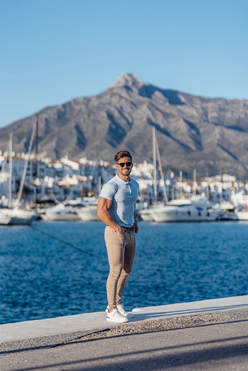 Father Sons Classic Powder Blue Merino Wool Knitted Zip Polo Short Sleeve Sweater With FS Embroidery- FSN031