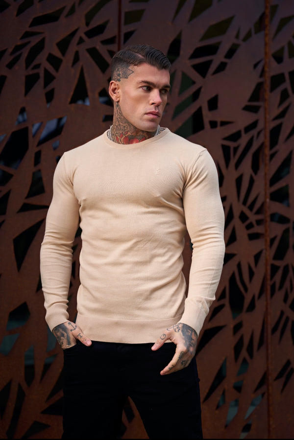 Father Sons Classic Beige Crew Neck Knitted Sweater with Tonal Emblem - FSH672