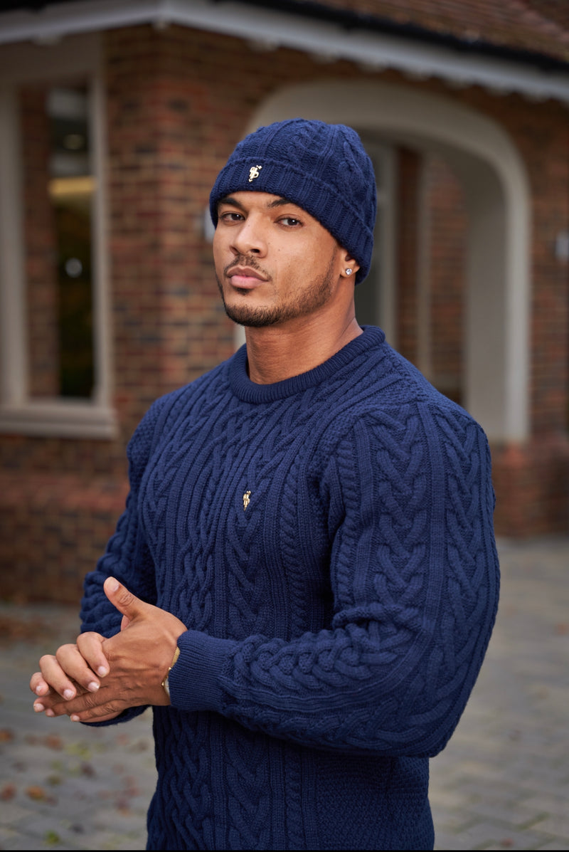 Father Sons Navy Twisted Braid Weave Super Slim Sweater With Gold Decal - FSJ036