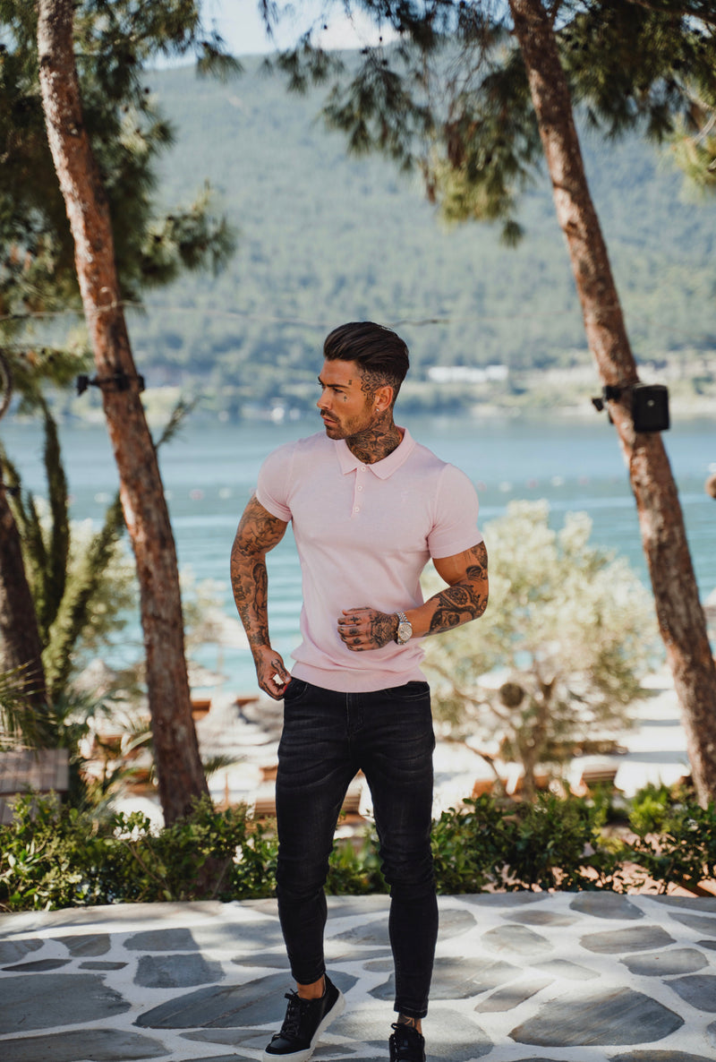 Father Sons Classic Pale Pink Merino Wool Knitted Polo Sweater Short Sleeve With FS Embroidery- FSN028