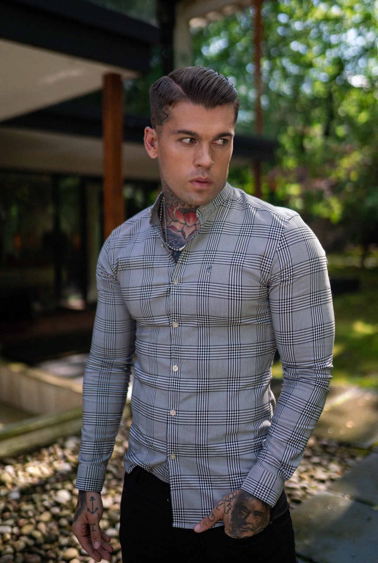 Super Slim Stretch Prince Of Wales White and Black Check Long Sleeve Grandad Collar with Metal Buttons and Emblem- FS733