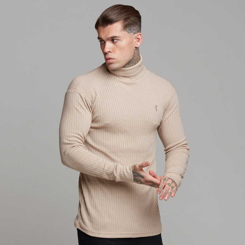 Father Sons Classic Beige Ribbed Knit Roll-neck Sweater - FSH292