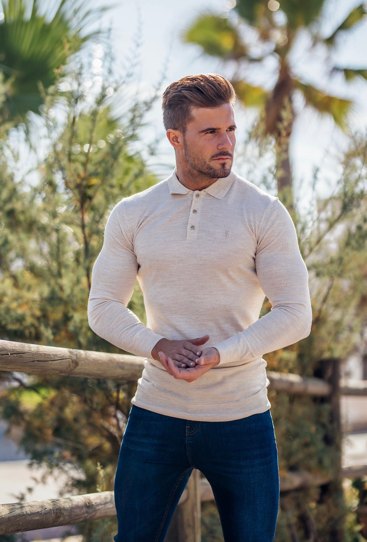 Classic Beige Shirt Knitted Long Sleeve Polo - FSH176 (LAST CHANCE)