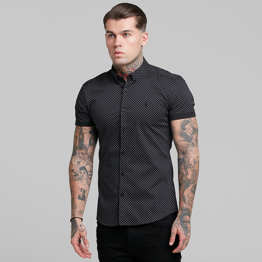 Super Slim Stretch Black & White Ditsy Print Short Sleeve FS412