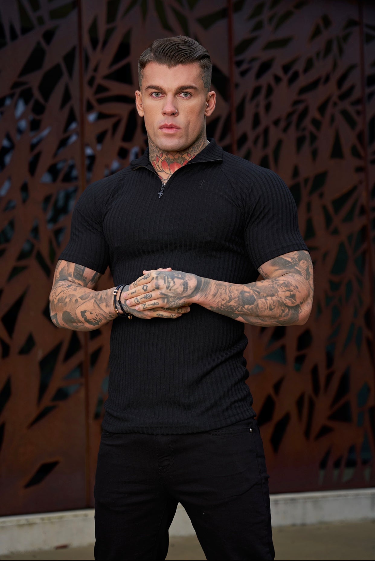 Classic Black Ribbed Zip Funnel Neck Raglan Short Sleeve Crew - FSH729