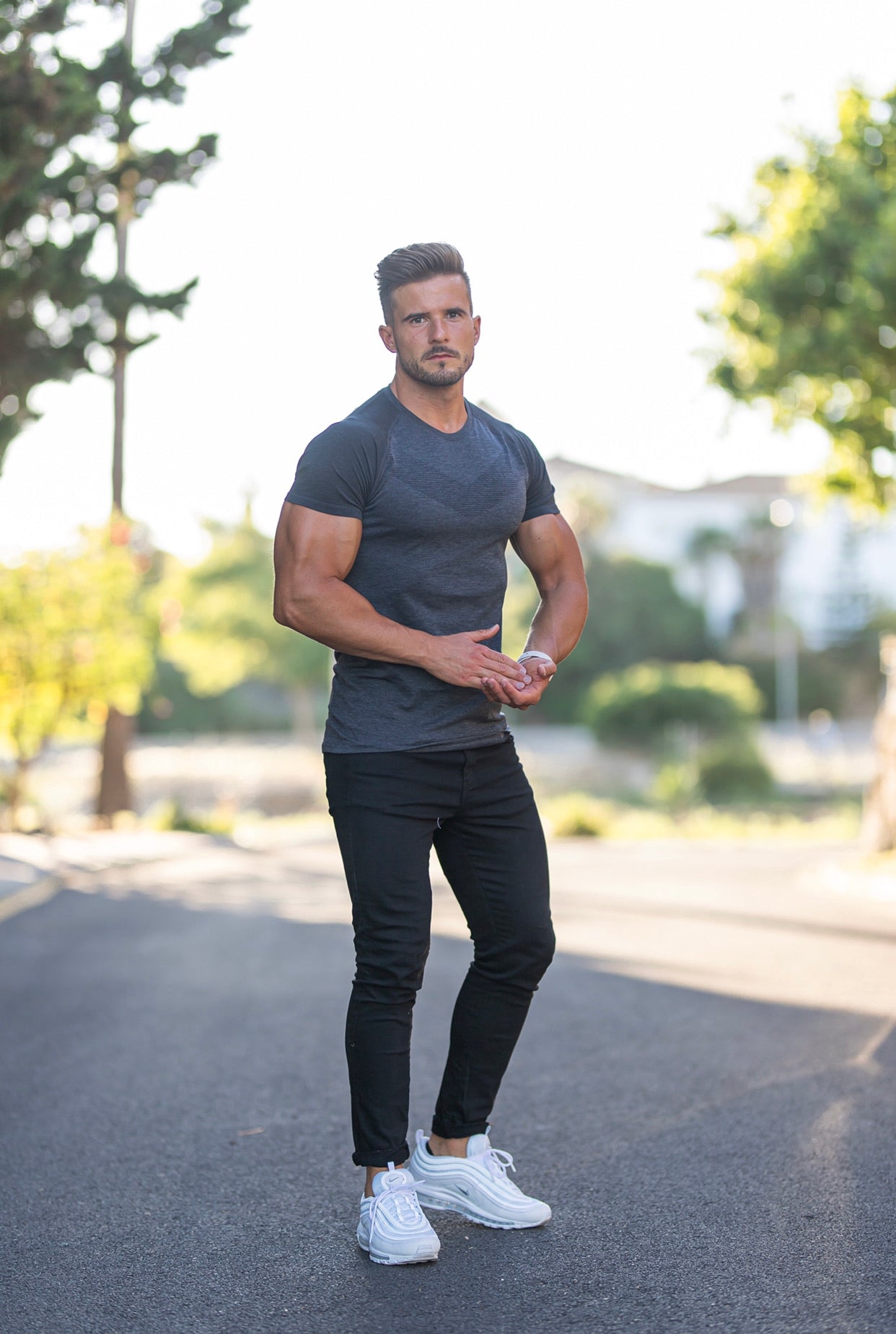 Short sleeve Charcoal crew gym top with Raglan sleeve detail - FSM026