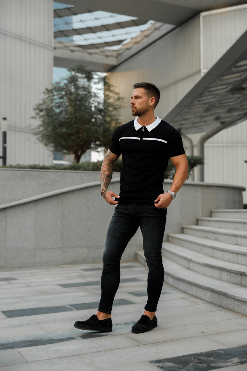 Father Sons Classic Black / White Horizontal Stripe Zipped Polo Short Sleeve - FSN038