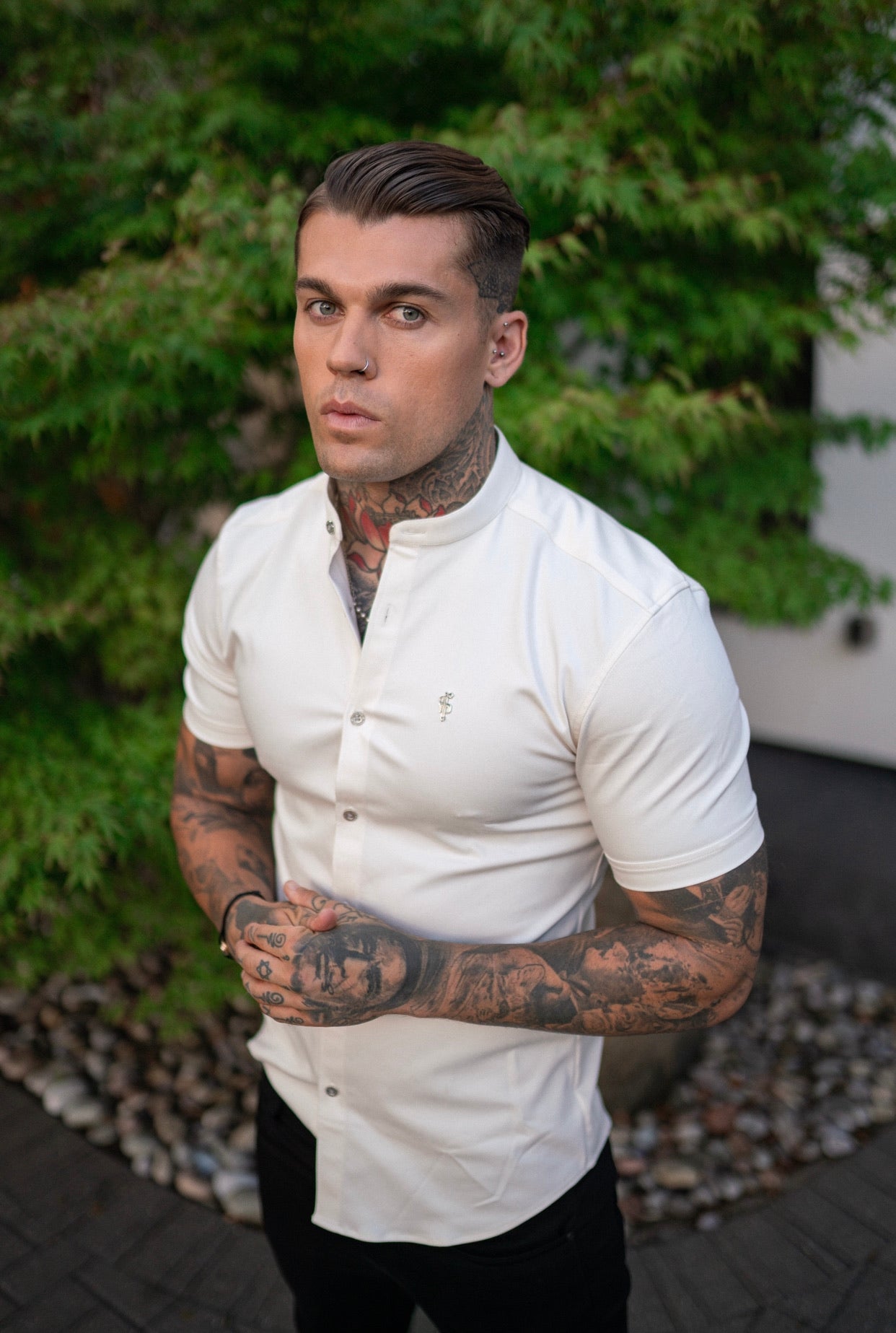 Super Slim Stretch Cream Denim Short Sleeve Grandad collar with Metal Buttons and Decal Emblem - FS726