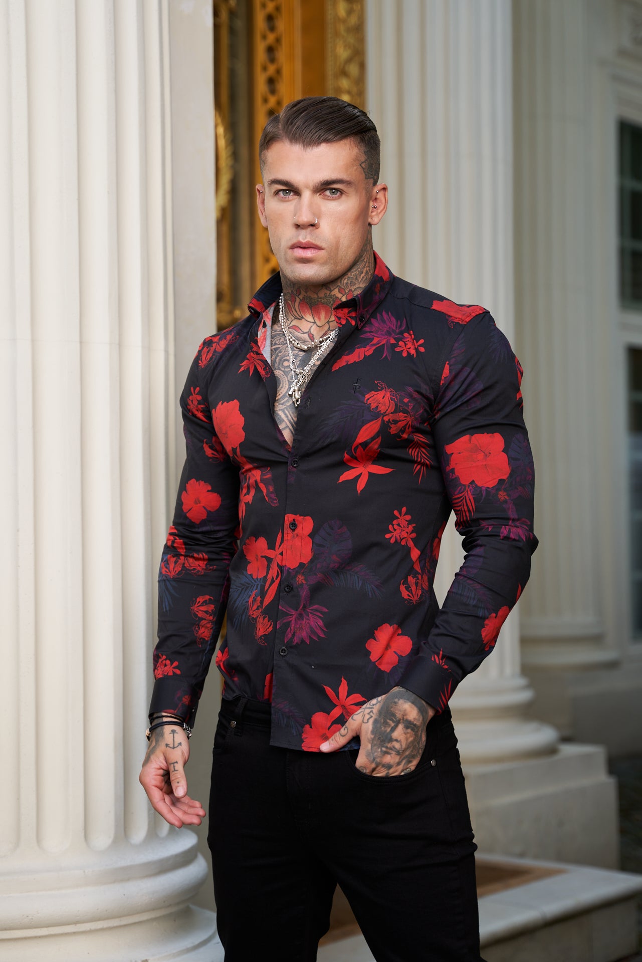 Super Slim Stretch Black and Red Floral Print Long Sleeve with Button Down Collar - FS770