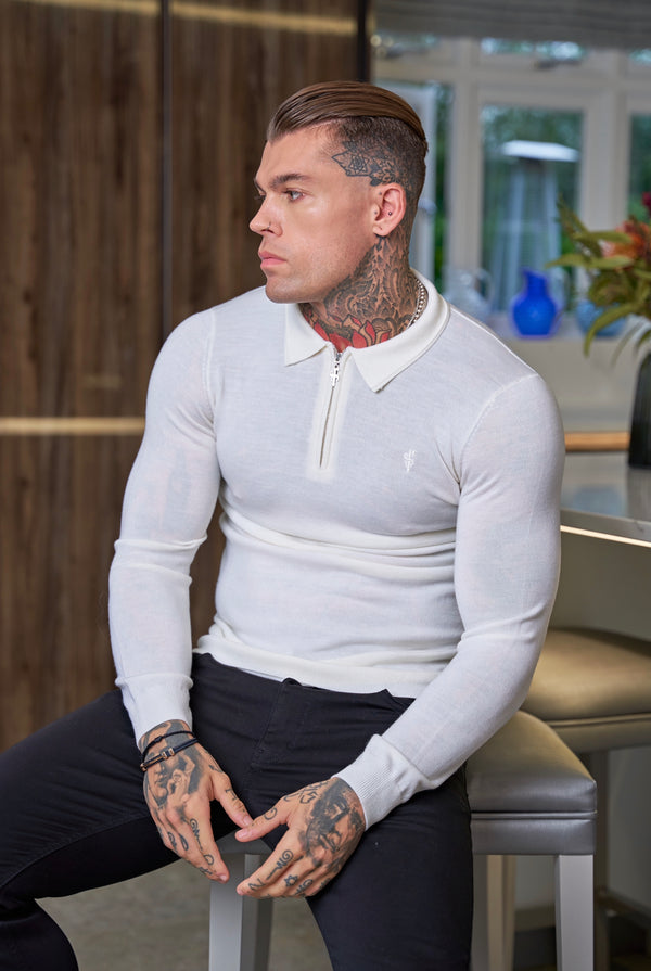 Father Sons Classic White Merino Wool Knitted Zip Polo Long Sleeve Sweater With FS Embroidery- FSN019