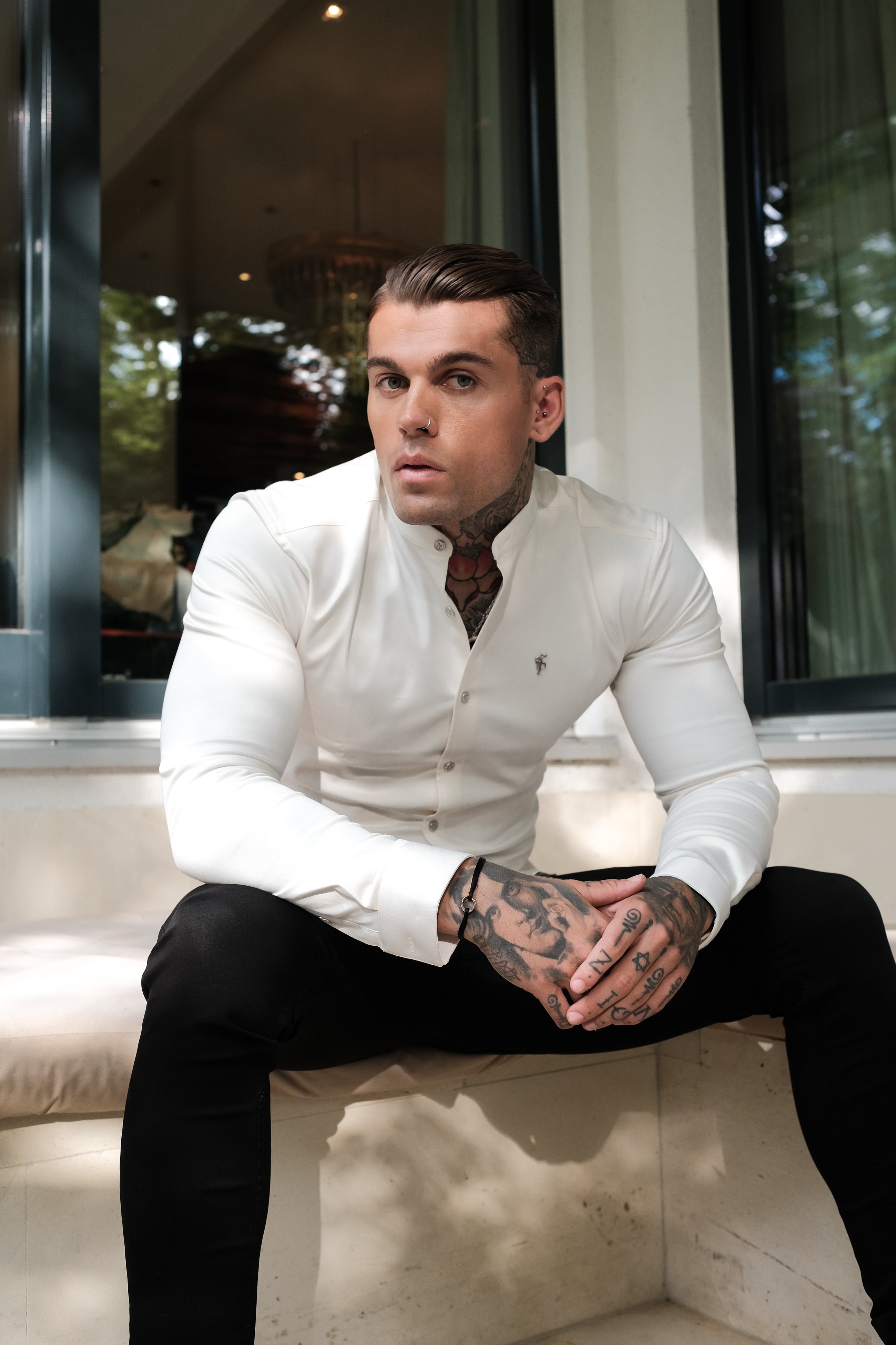 Super Slim Stretch Cream Denim Long Sleeve Grandad collar with Metal Buttons and Decal Emblem - FS725