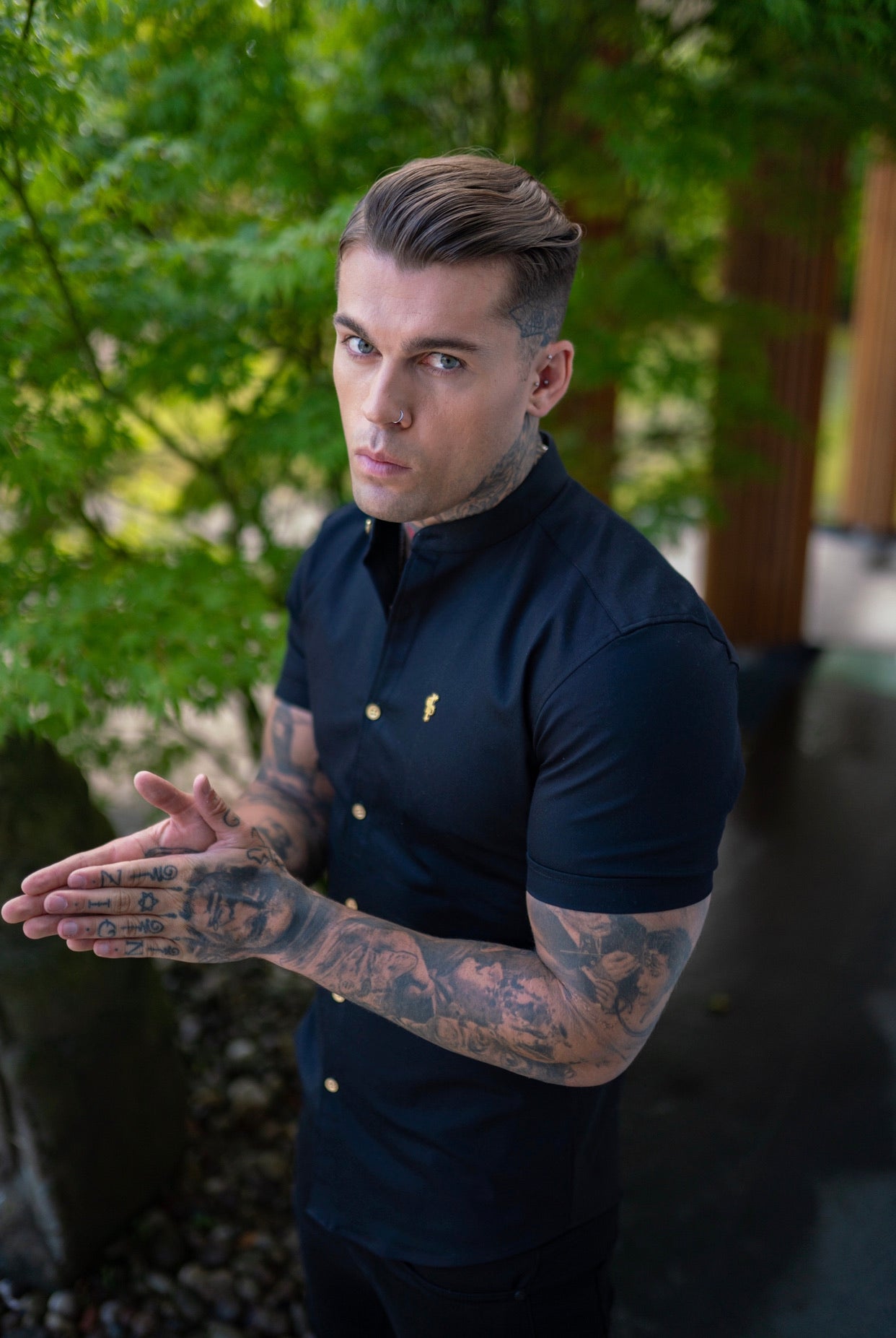 Super Slim Stretch Black Denim Short Sleeve Grandad collar with Metal Buttons and Decal Emblem - FS708