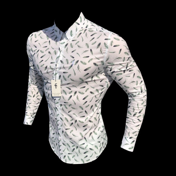 Father Sons Super Slim Stretch Khaki Feather Print Button Down - FS596