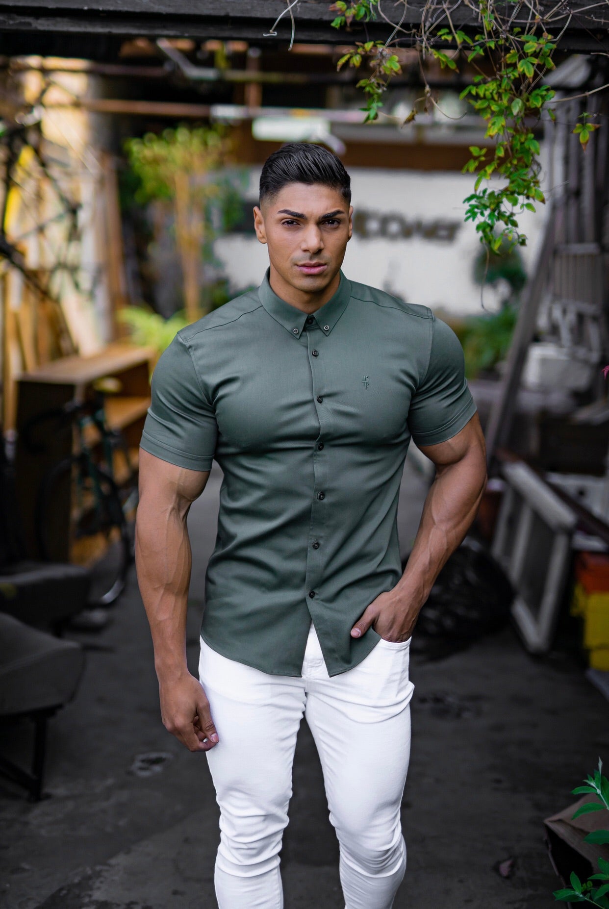 Super Slim Stretch Khaki Denim Short Sleeve - FS203