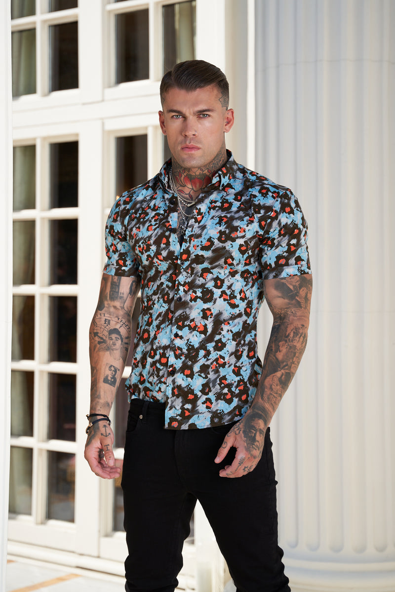 Father Sons Super Slim Stretch Multi Colour Abstract Leopard Print Short Sleeve with Button Down Collar - FS790